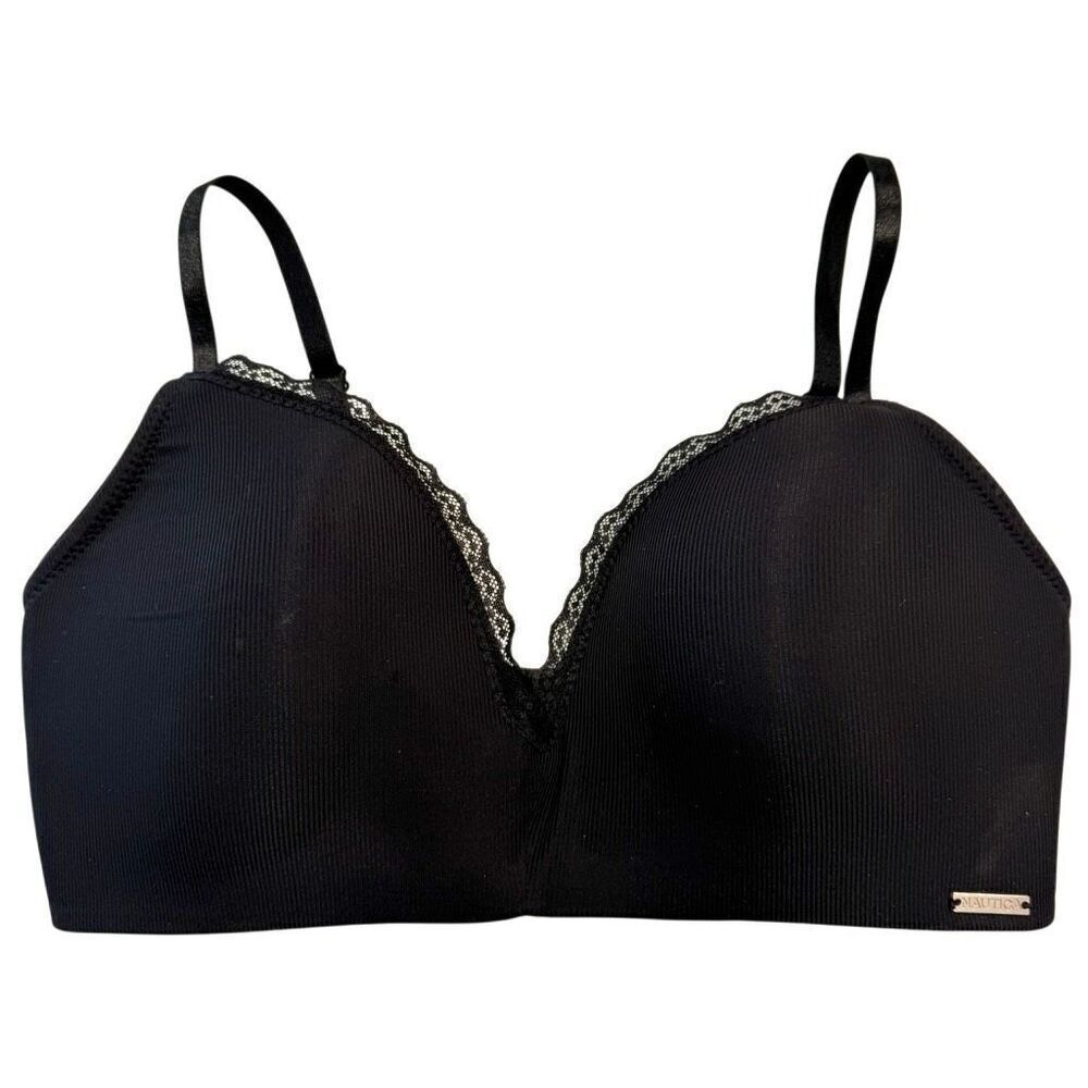 Nautica Intimates Padded Lace Trim Ribbed Wireless Bra Black Size 36C